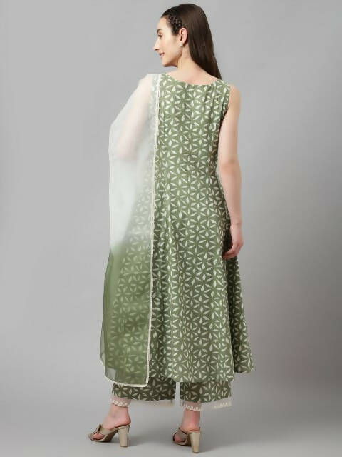 FIORRA Women's Green Lurex Cotton Flared Kurta Palazzo Set With Dupatta
