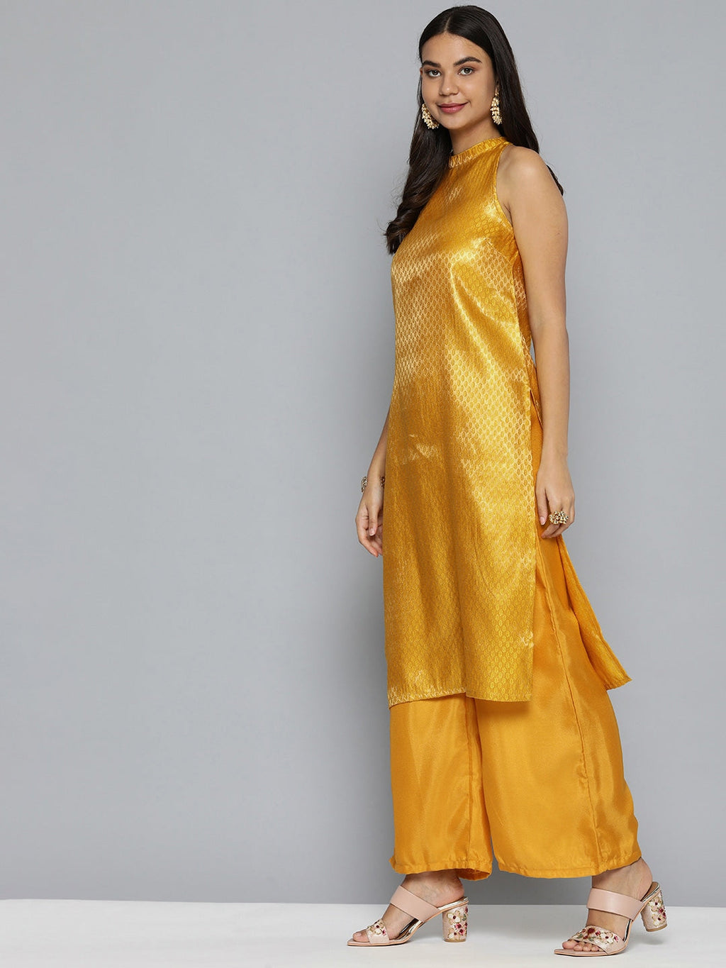 HERE&NOW Women Mustard Yellow Ethnic Motifs Kurta with Palazzos & With Dupatta