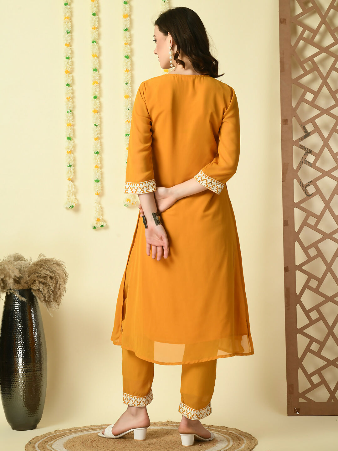 Myshka Women's Mustard Georgette Kurta With Trousers Party Sets