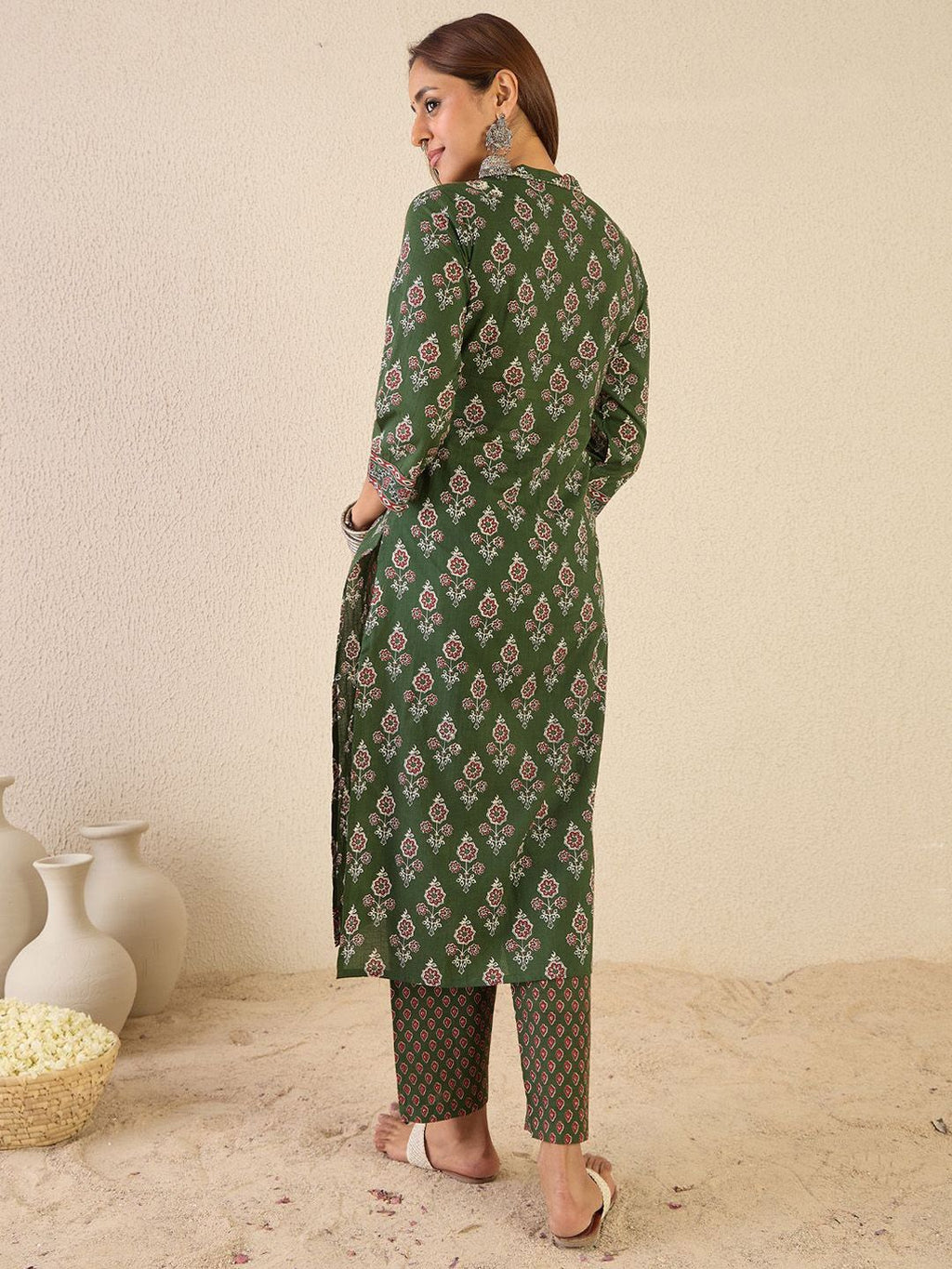 Indo Era Women Floral Printed Regular Sequinned Detail Pure Cotton Kurta with Trousers - Distacart