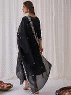 Indo Era Black Floral Embroidered Thread Work Kurta with Trousers & Dupatta - Distacart