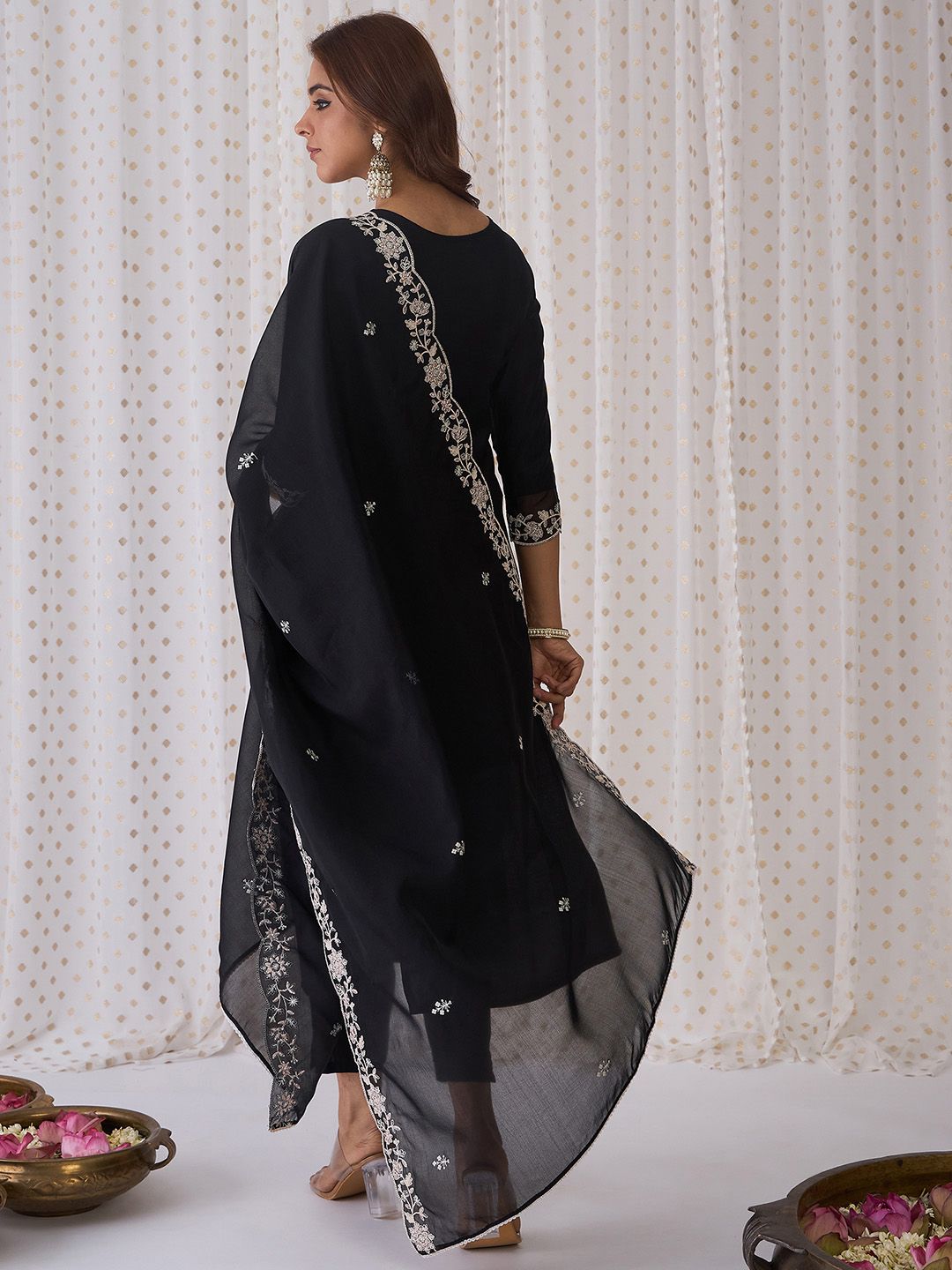 Indo Era Black Floral Embroidered Thread Work Kurta with Trousers & Dupatta - Distacart