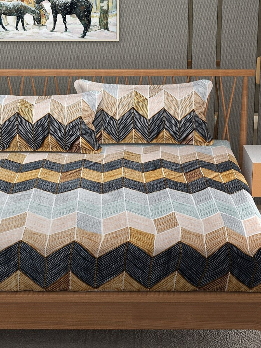 Stylespace by Isha Grey & Blue Geometric Velvet 330 TC King Bedsheet with 2 Pillow Covers