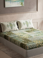 DDecor Green & White Ethnic Motifs Cotton 140 TC King Bedsheet with 2 Pillow Covers - Distacart
