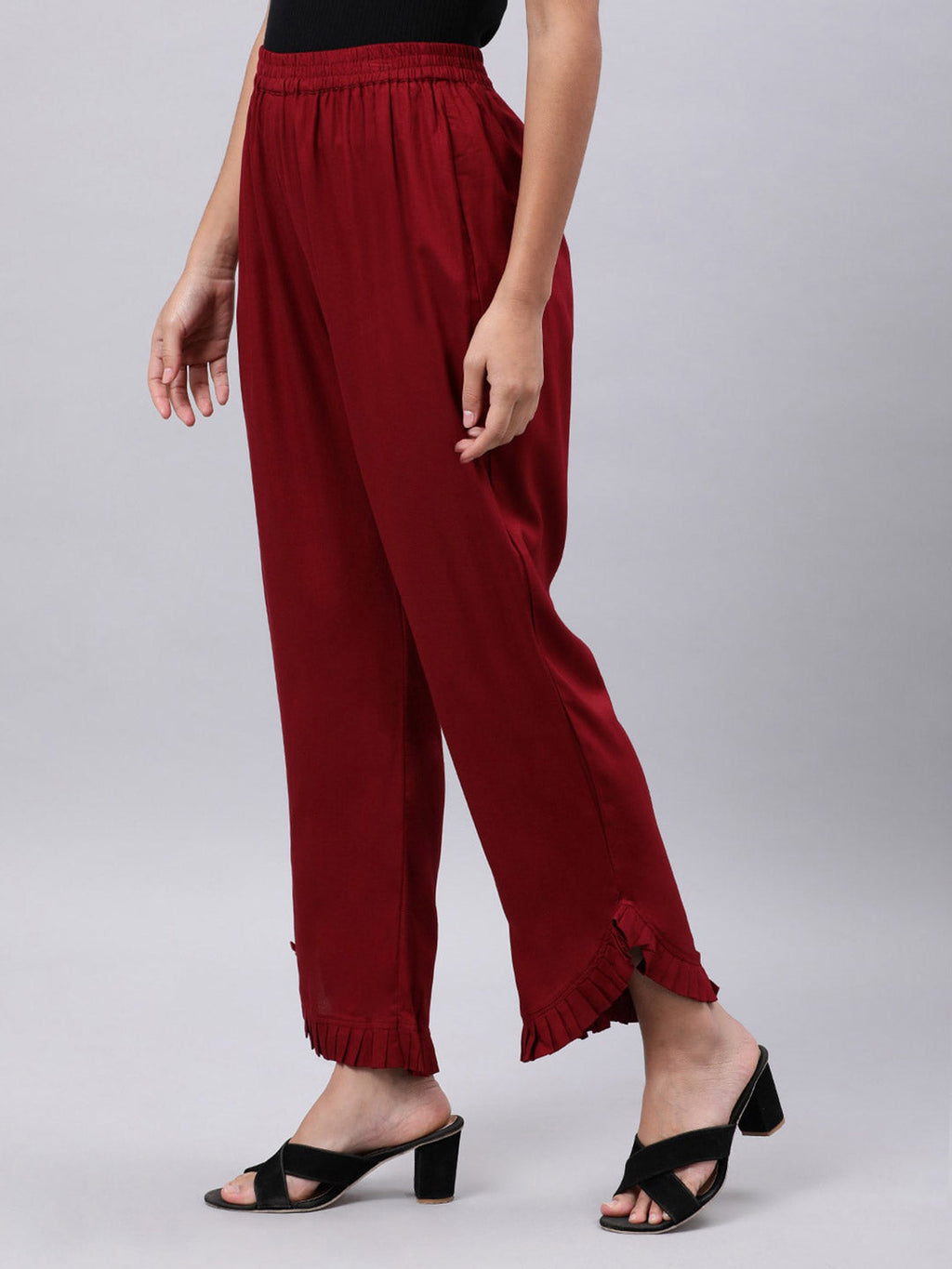 Souchii Women Maroon Solid Pleated Ruffled Liva Palazzos - Distacart