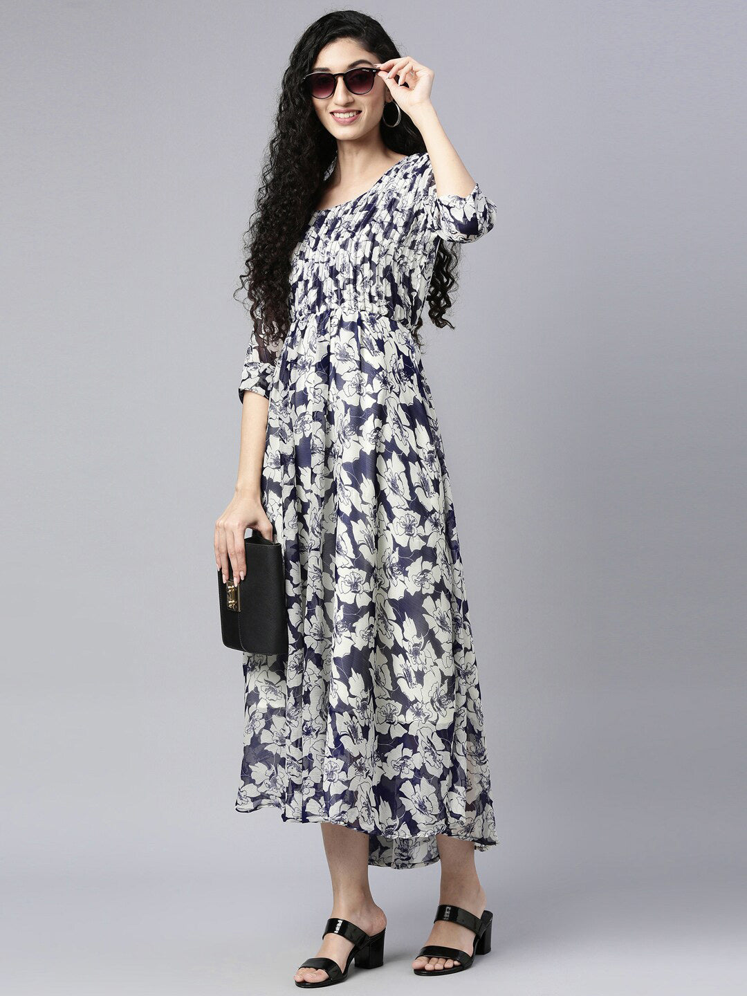 Souchii Floral Printed Chiffon Empire Midi Dress - Distacart