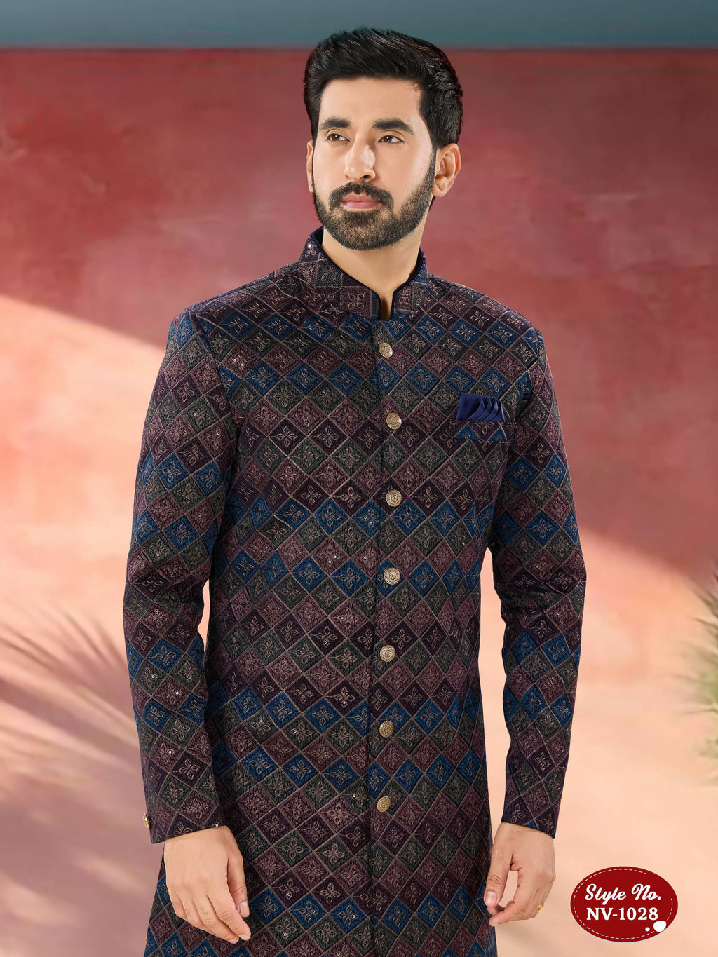 Joban Fashion Men's Blue Base ( Multi-Colour ) Straight Velvet Thread And Sequence Embroidary All Over Indo-Western Kurta Set