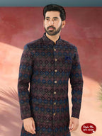 Joban Fashion Men's Blue Base ( Multi-Colour ) Straight Velvet Thread And Sequence Embroidary All Over Indo-Western Kurta Set
