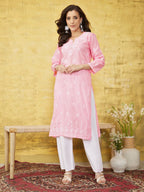 ADA Women Pink & White Chikankari Embroidered Straight Sustainable Handloom Kurta