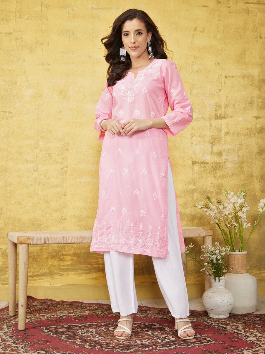 ADA Women Pink & White Chikankari Embroidered Straight Sustainable Handloom Kurta