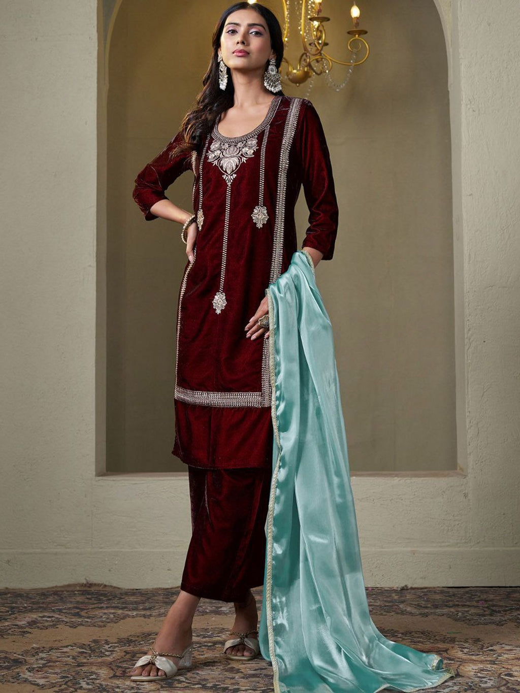Sangria Floral Embroidered Round Neck Straight Velvet Kurta With Trousers & Dupatta
