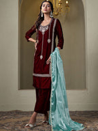 Sangria Floral Embroidered Round Neck Straight Velvet Kurta With Trousers & Dupatta