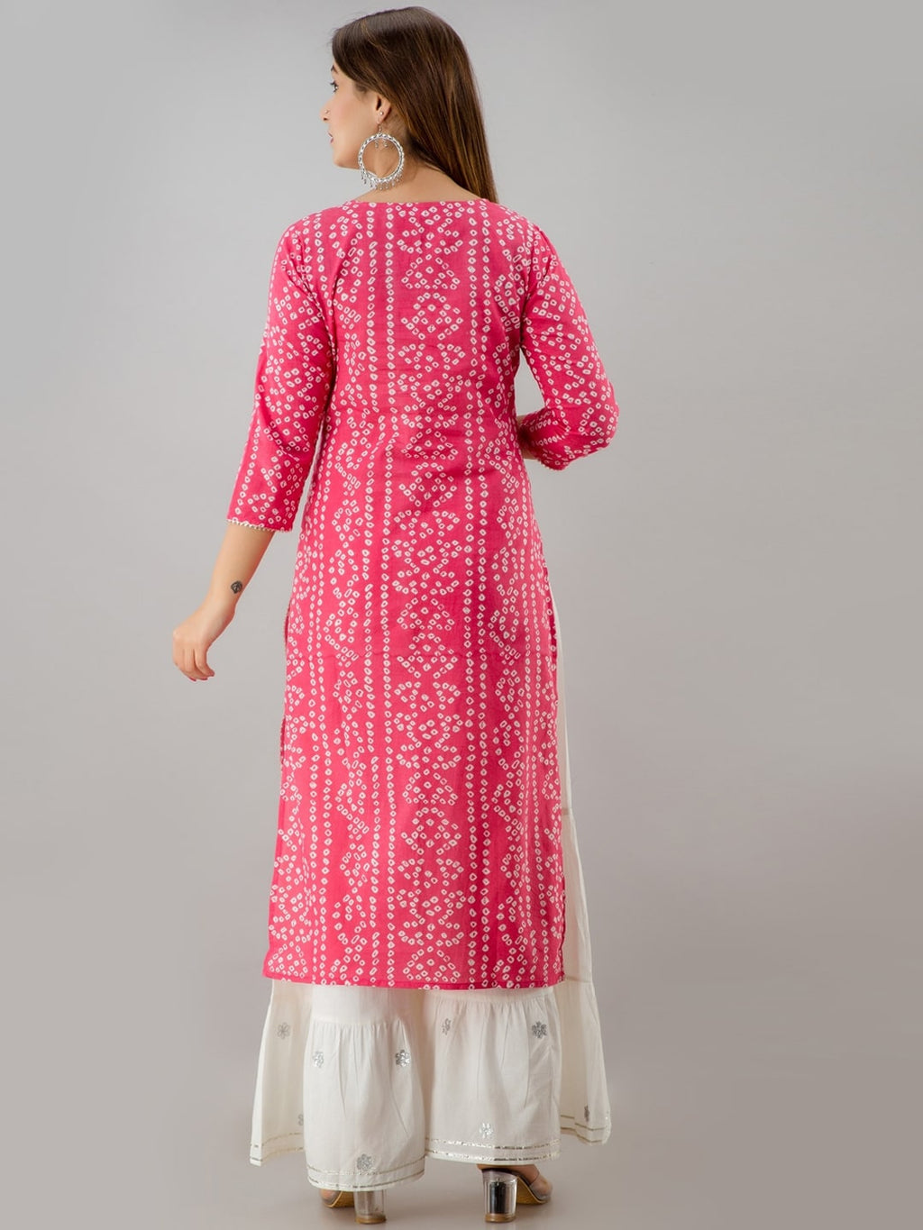 HERE&NOW Pink Tie Up Neck Bandhani Printed Gotta Patti Kurta