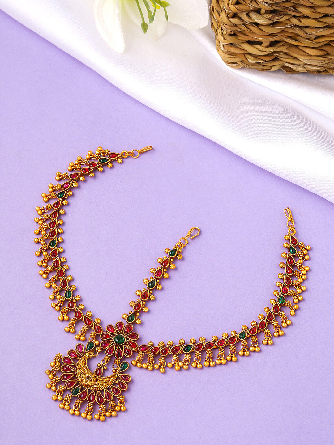 Yellow Chimes Gold-Toned Green Kundan Layered Temple Bridal Traditional Matha Patti - Distacart