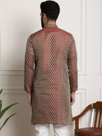 Sojanya Men Maroon & Golden Ethnic Motifs Jacquard Silk Kurta
