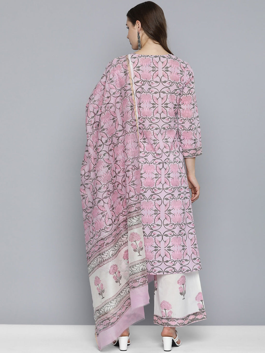 HERE&NOW Women Floral Printed Regular Pure Cotton Kurta with Palazzos & With Dupatta