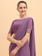 Sangria Women Purple Solid Georgette Saree with Embellished Belt - Distacart