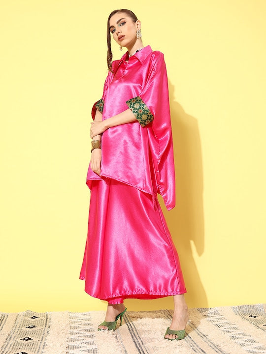 InWeave Women's Pink Green Brocade Satin Boho Kurta Palazzo Set