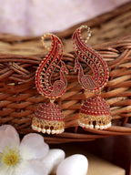 Anikas Creation Red & Gold-Polished Peacock Shaped Jhumkas