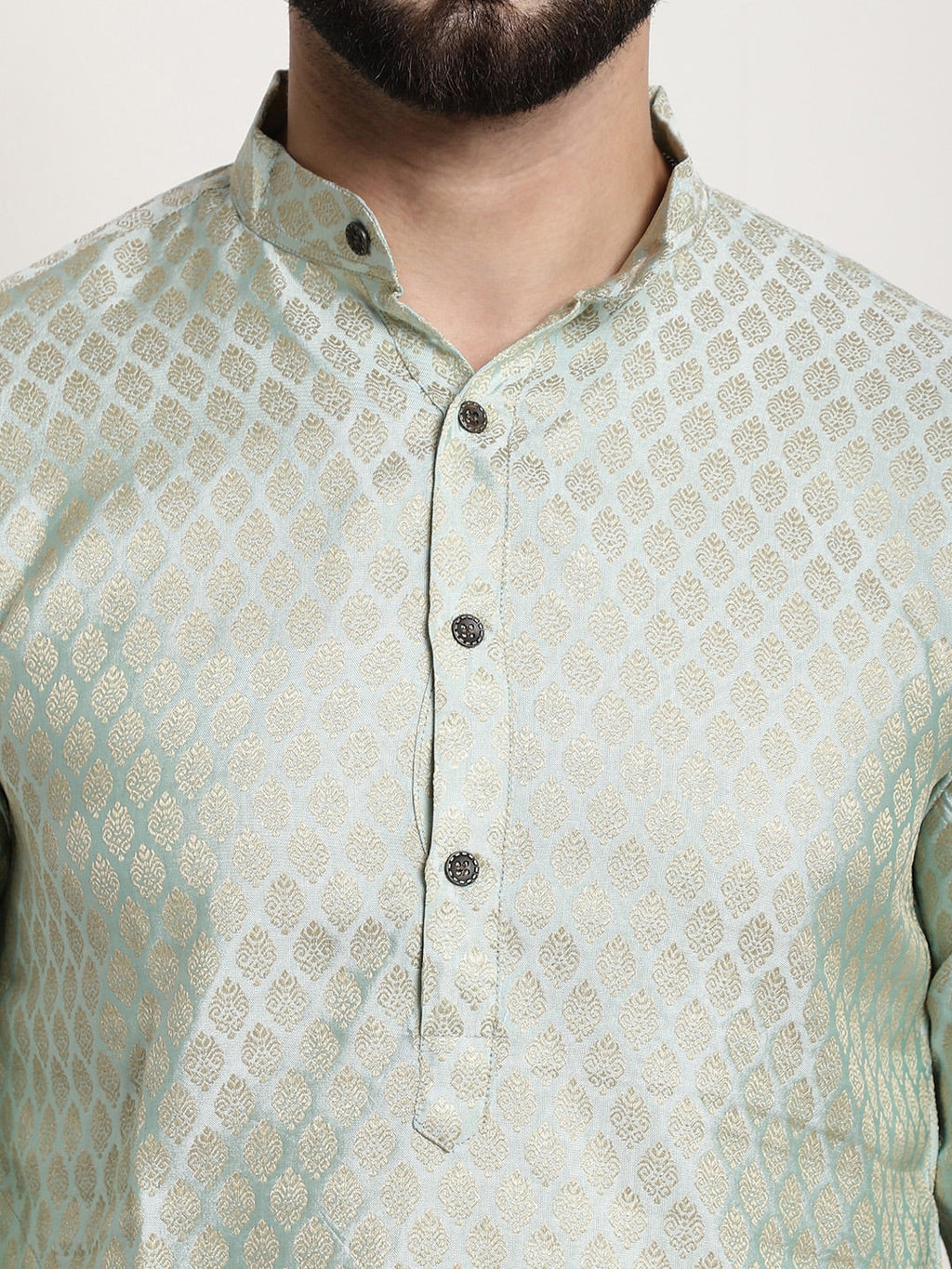 Sojanya Men Green & Beige Ethnic Motifs Jacquard Woven Design Straight Kurta