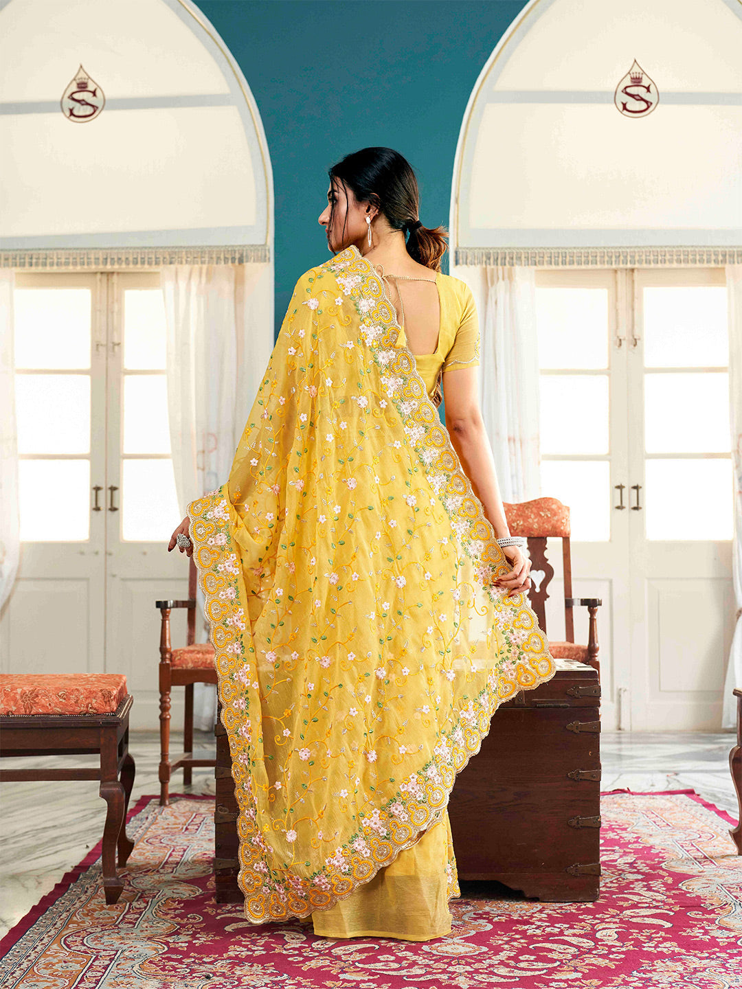 Tikhi Imli Yellow Ethnic Motifs Beads and Stones Embroidered Saree - Distacart