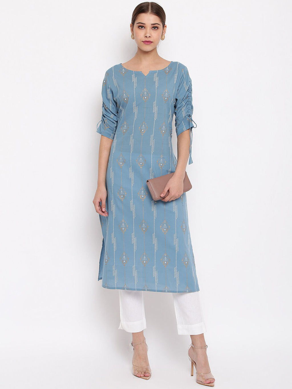 Janasya Blue Printed Straight Kurta - Distacart