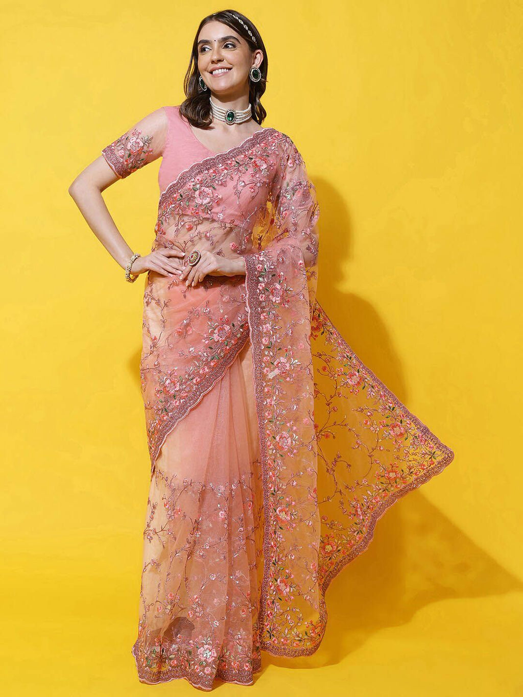 kasee Floral Embroidered Net Saree - Distacart