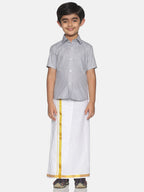 Sethukrishna Boys Grey & White Solid Shirt and Veshti Set