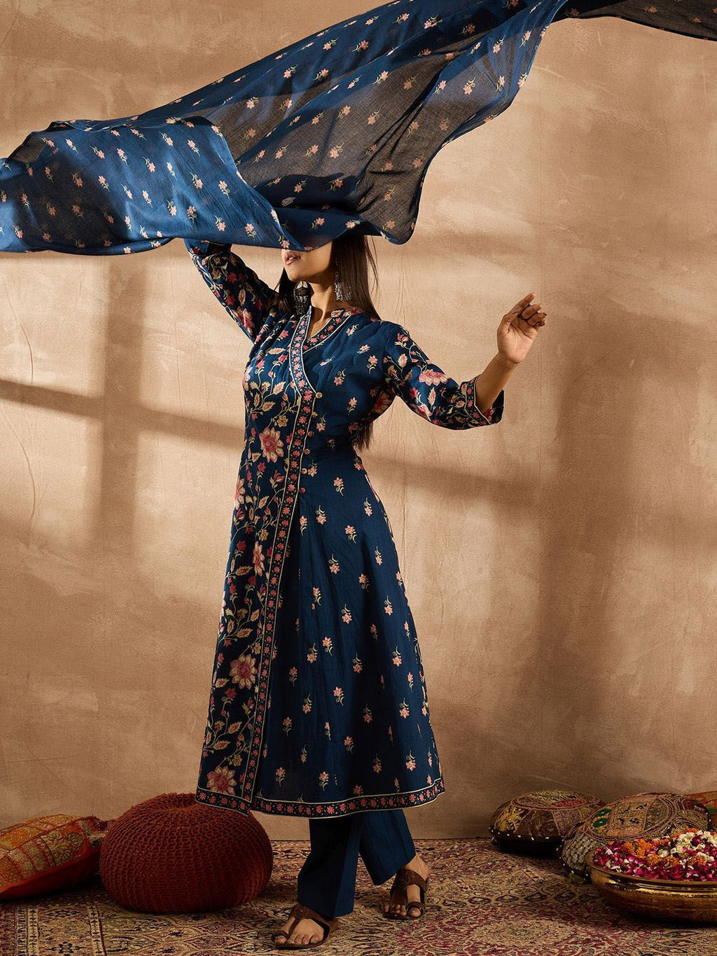 Indo Era Women Floral Printed Angrakha Beads and Stones Pure Cotton Kurta with Trousers & With Dupatta - Distacart