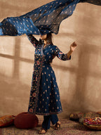 Indo Era Women Floral Printed Angrakha Beads and Stones Pure Cotton Kurta with Trousers & With Dupatta - Distacart
