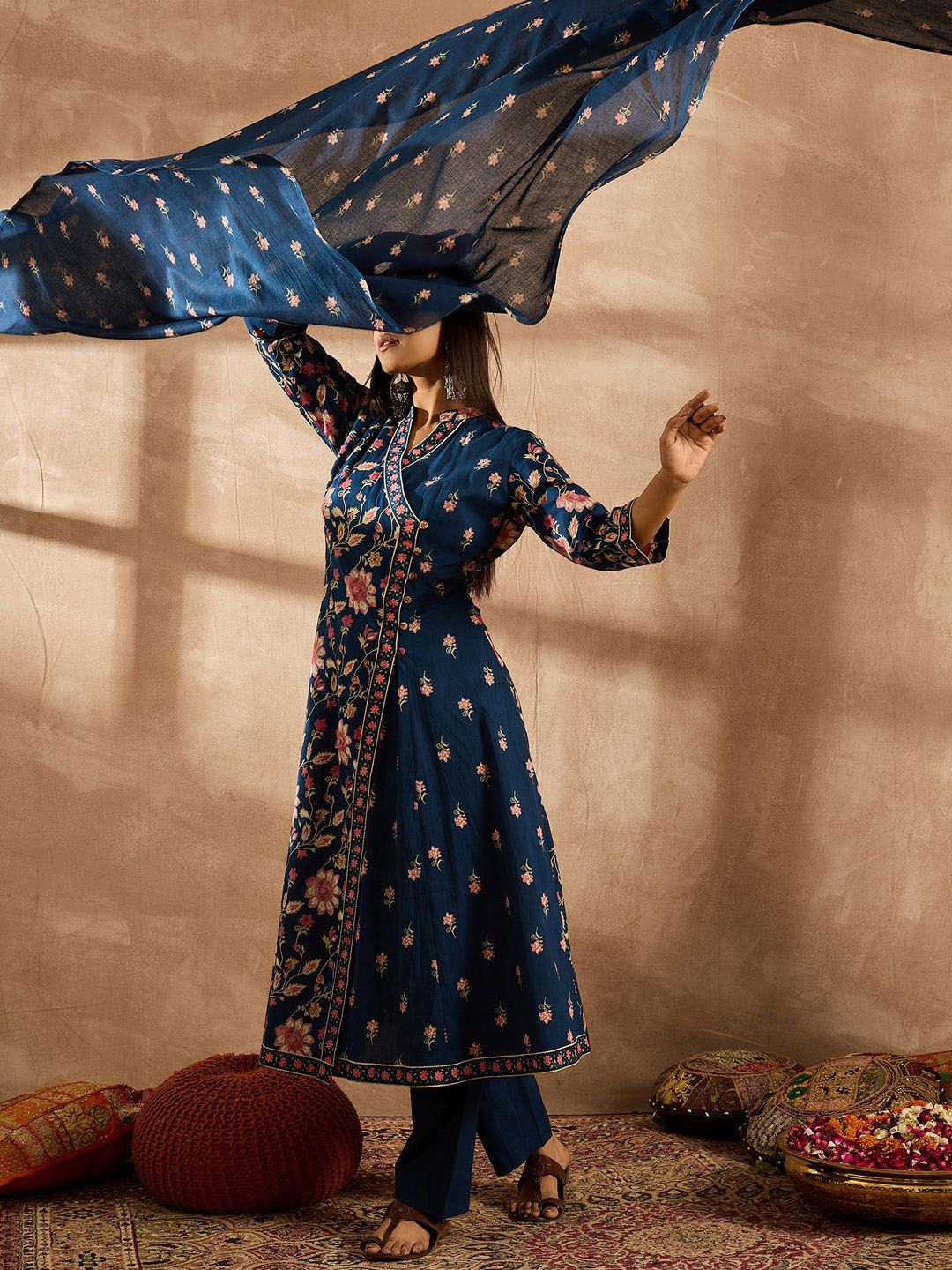 Indo Era Women Floral Printed Angrakha Beads and Stones Pure Cotton Kurta with Trousers & With Dupatta - Distacart