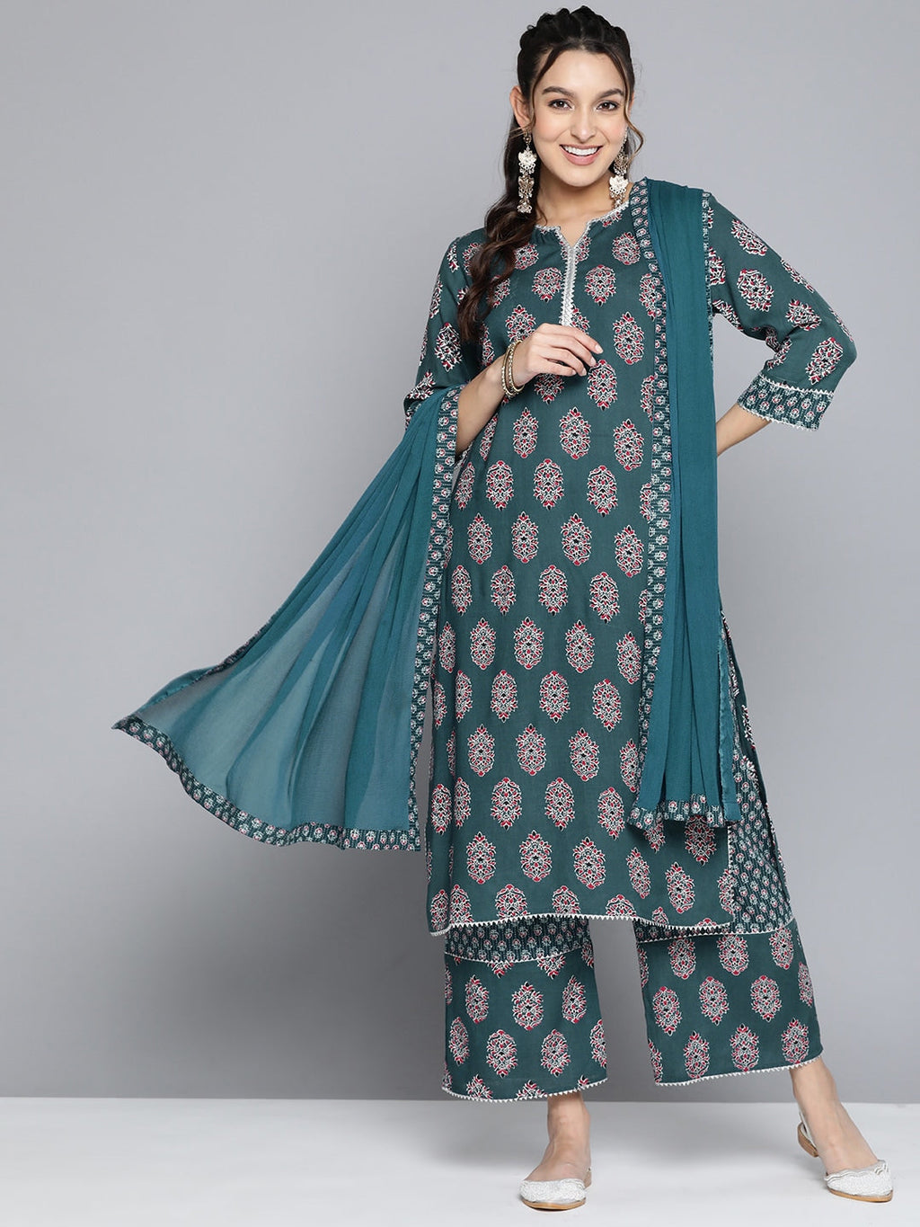 HERE&NOW Women Ethnic Motifs Printed Gotta Patti Kurta With Palazzos & With Dupatta