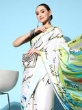 Tikhi Imli Off White & Green Abstract Print Satin Saree - Distacart