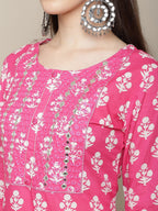 Sangria Women Floral Printed Mirror Work Pure Cotton Kurti with Trousers & Dupatta