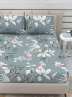 DREAM WEAVERZ Grey & White Floral 220 TC Queen Bedsheet with 2 Pillow Covers
