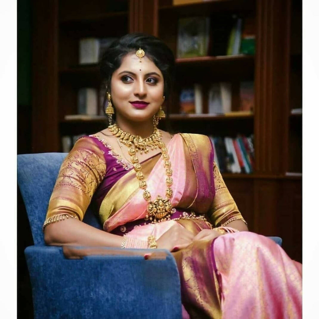 DEIANA'S Beautiful Designer Golden zari Soft Lichi Silk Saree - Peach