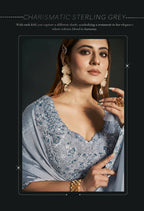 Grey Silk Crepe Satin Cord Sequence & Thread Embroidered & Stone Work Saree - Moh-Manthan Royal Enigma