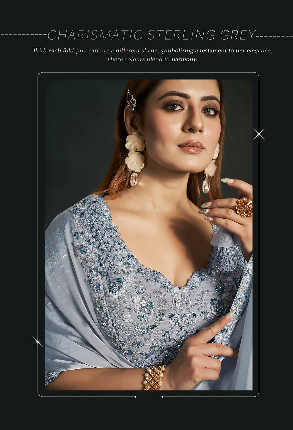 Grey Silk Crepe Satin Cord Sequence & Thread Embroidered & Stone Work Saree - Moh-Manthan Royal Enigma