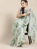 Saree Mall Blue Floral Sequinned Linen Blend Chanderi Saree - Distacart
