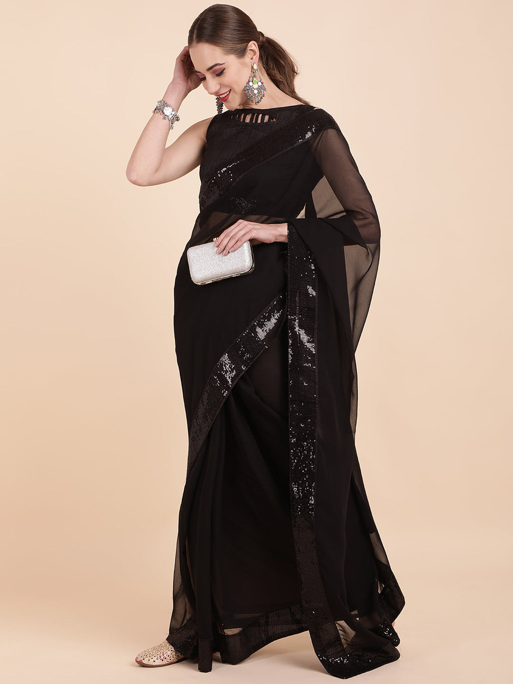 Sangria Black Sequinned Pure Georgette Saree - Distacart