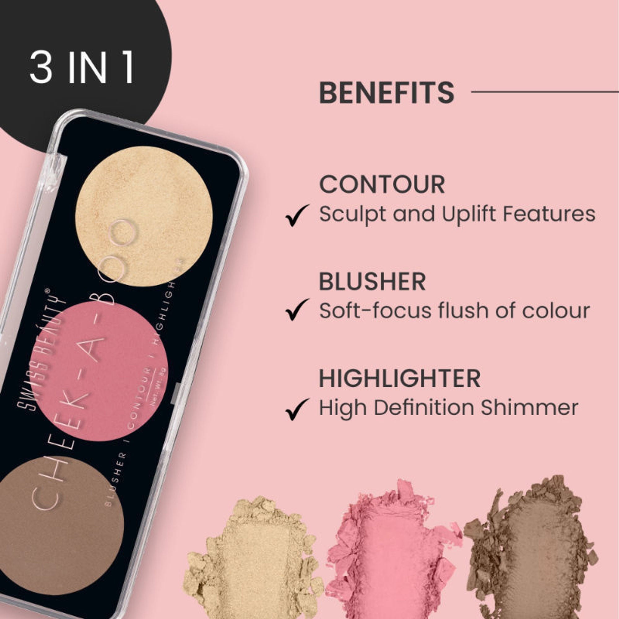 Swiss Beauty Cheek-A-Boo 3 In One Blushe Contour And Highlighter - 3 - Distacart