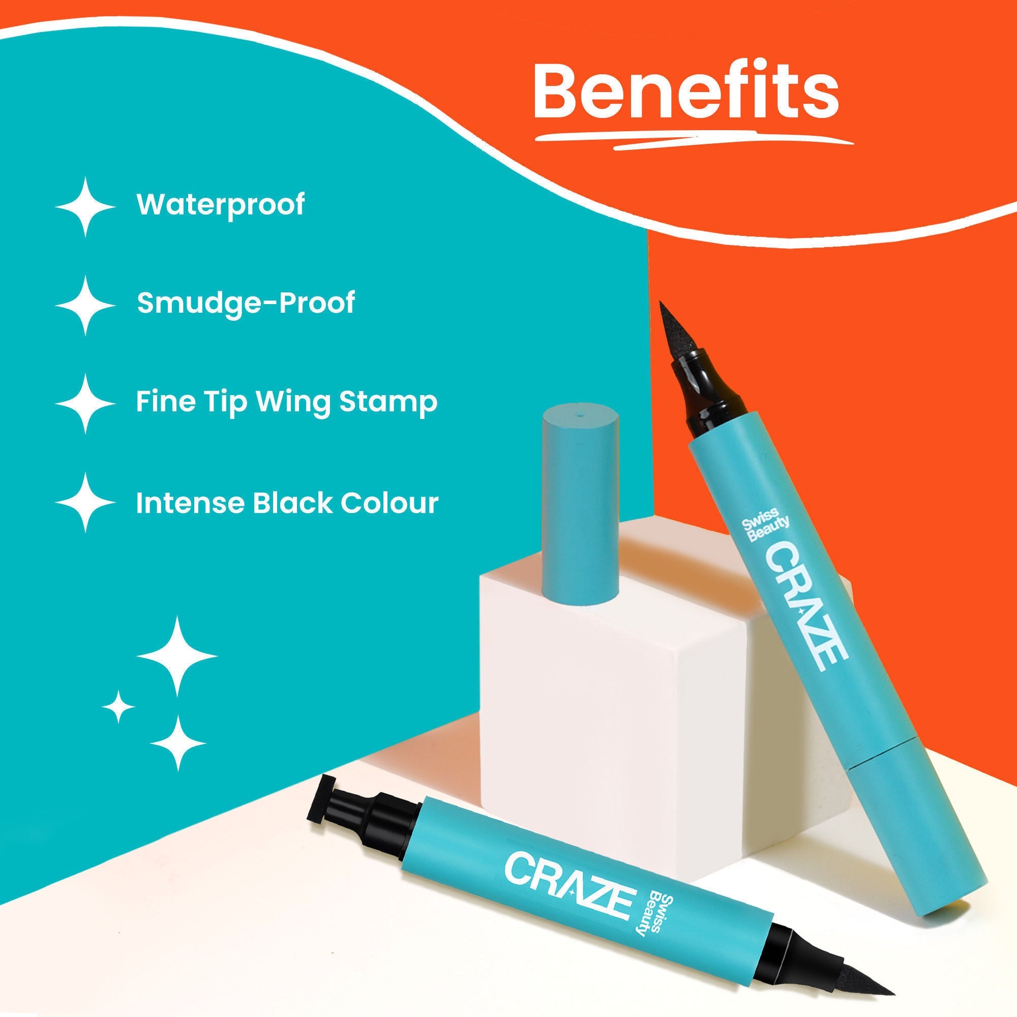 Swiss Beauty CRAZE Eyeliner and Stamp Duo Wing Eyeliner Stamp and Pen Waterproof Formula - Black - Distacart