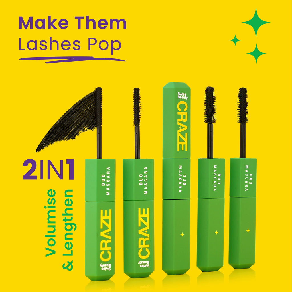 Swiss Beauty CRAZE Duo Mascara Volumizes and Lengthens Lashes With Non- Flaking Finish - Black - Distacart