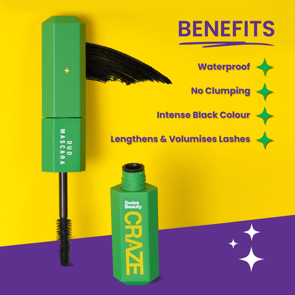 Swiss Beauty CRAZE Duo Mascara Volumizes and Lengthens Lashes With Non- Flaking Finish - Black - Distacart