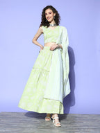 Ahalyaa Pure Cotton Green & White Printed Khari Print Ready to Wear Lehenga & Blouse With Dupatta