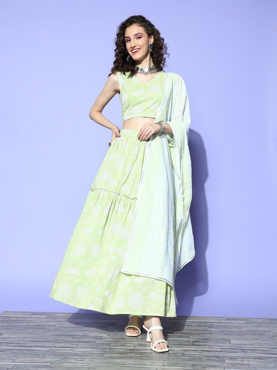 Ahalyaa Pure Cotton Green & White Printed Khari Print Ready to Wear Lehenga & Blouse With Dupatta