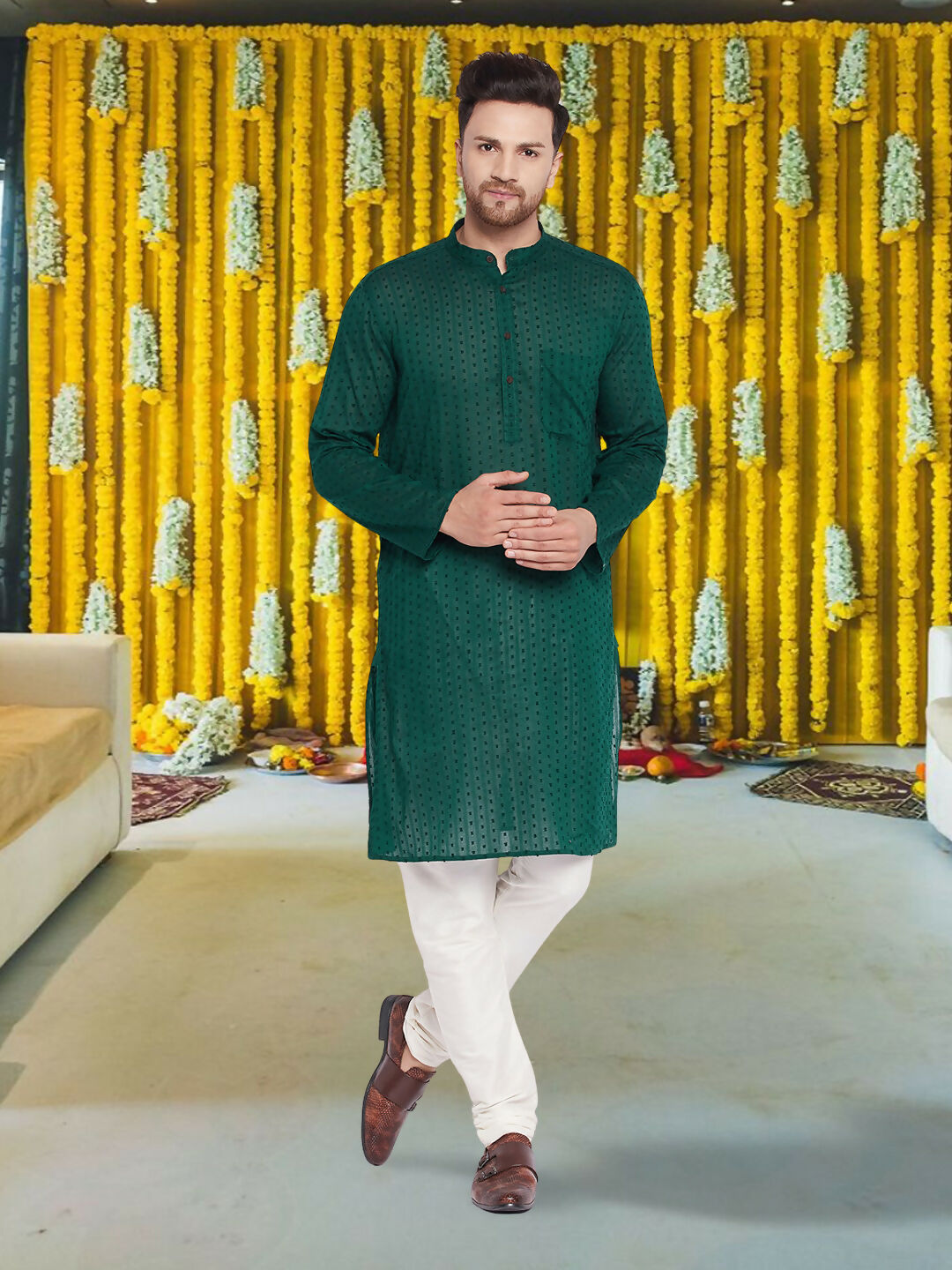 Even Apparels Men's Pure Cotton Green Kurta