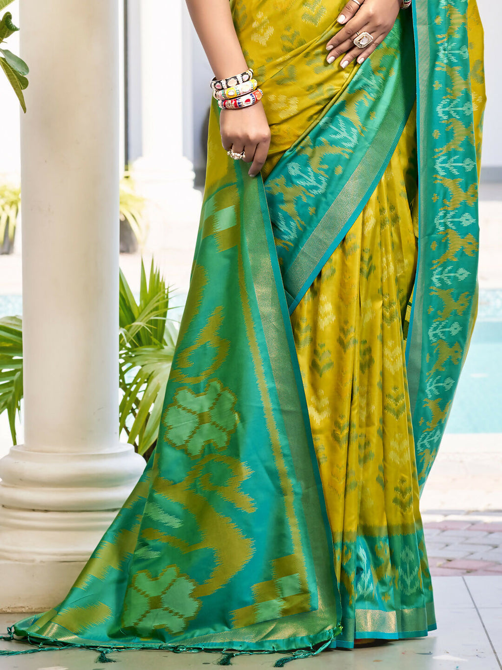 Shree Shyam Fashion Pochampalli Silk Mustrad Yellow Saree - Distacart