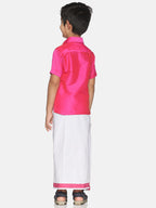 Sethukrishna Boys Pink & White Solid Shirt and Veshti Set