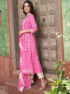 Sangria Pink Bandhani Printed Angrakha Mirror Work Pure Cotton Kurta Set